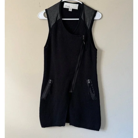 Curio New York Black Asymmetrical Zip Sleeveless Sweater Vest Faux Leather Sz S - Picture 2 of 12